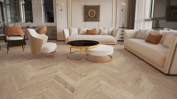Elegantní obývací pokoj se světlými sedačkami a dubovou podlahou Barlinek ve vzoru francouzského stromečku
