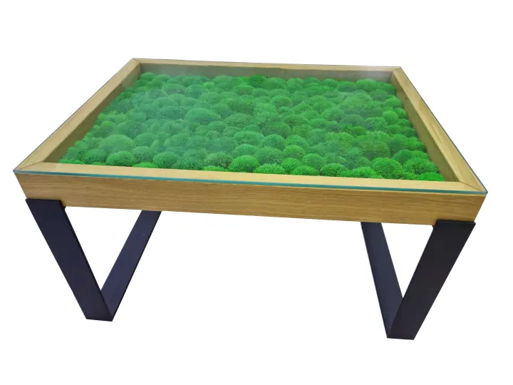 Konferenční stůl LOFT style s mechovým panelem v dubové desce a černými kovovými nohami