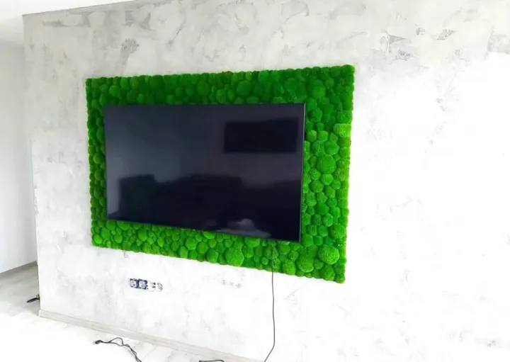 Mechový rám kolem televizoru na světlé stěně